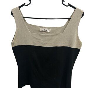 Jetal Two-Tone Beige & Black Sleeveless Knit Tank Top Square Neck Minimalist